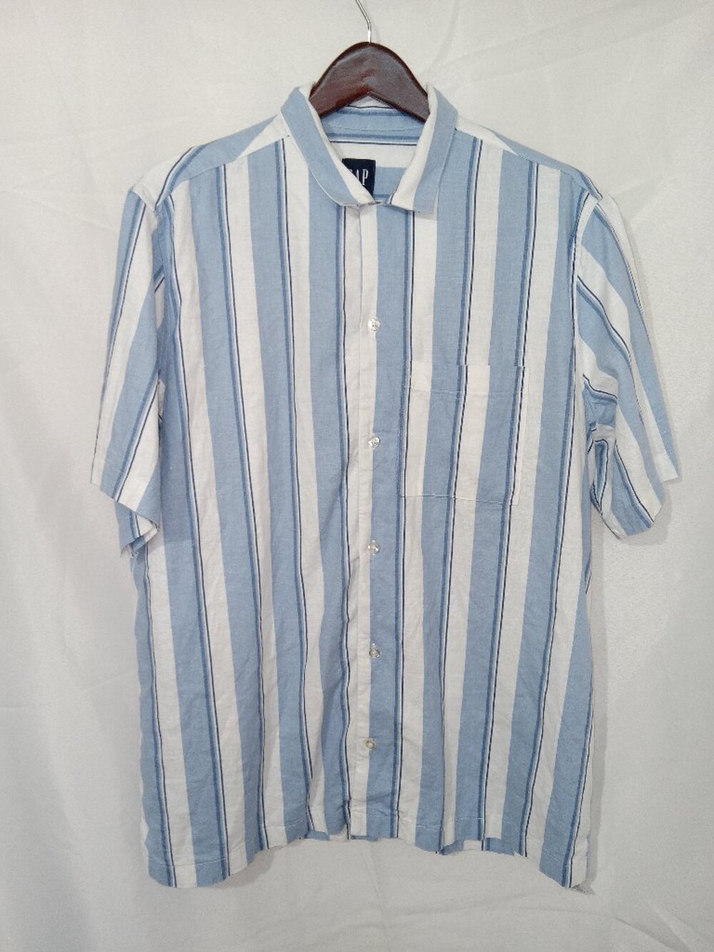 GAP Linen Blend Striped Shirt Blue White Coastal Preppy Resort Mens Large NEW